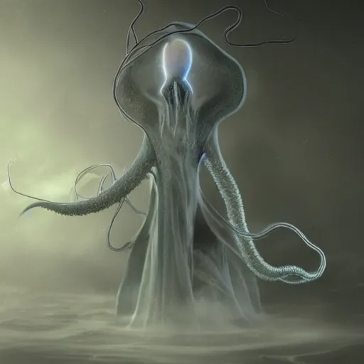 Prompt: concept designs for an ethereal ghostly wraith like figure made from electrical currents resembling a plasma lamp with a squid like parasite latched onto its head and long tentacle arms that flow lazily but gracefully at its sides like a cloak while it floats around a frozen rocky tundra in the snow searching for lost souls and that hides amongst the shadows in the trees, this character has hydrokinesis and electrokinesis for the resident evil village video game franchise with inspiration from the franchise Bloodborne and the mind flayer from stranger things on netflix in the style of a marvel comic