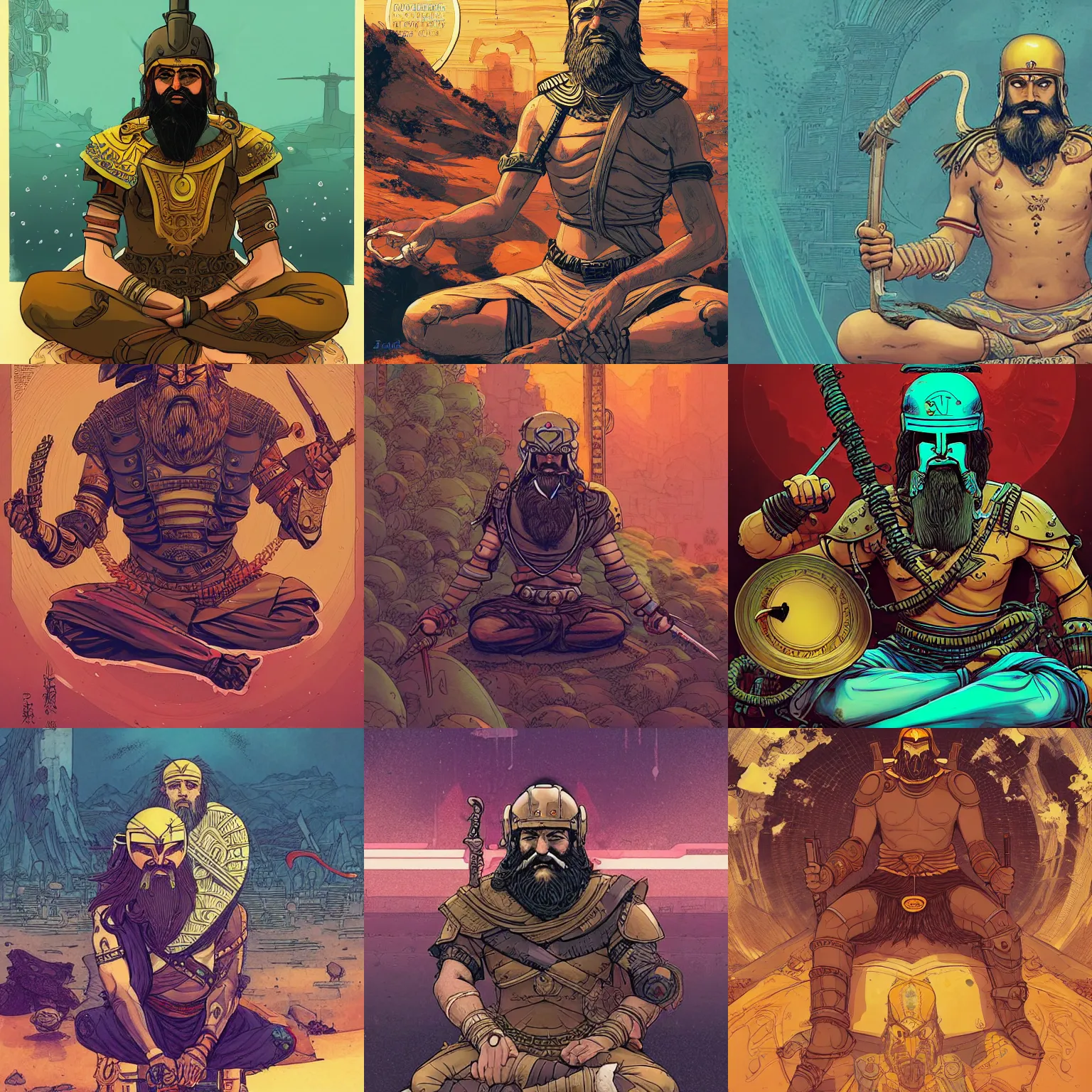 Prompt: badass saddhu with a spartan helmet and a very long beard meditating, by borderlands and by feng zhu and loish and laurie greasley, victo ngai, andreas rocha, john harris