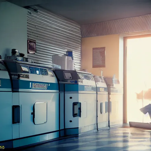 Image similar to a beautiful photo of an astronaut waiting in a laundromat, 1970', soft light, morning light, photorealistic, realistic, octane, 8k, cinematic shot