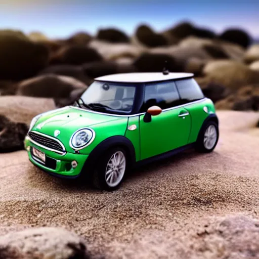 Image similar to a 4 k photorealistic photo of a miniature mini cooper car on a beach, natural soft lighting, outdoors, medium shot sandy