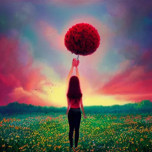 Prompt: giant red flower afro, full body, girl floating in the middle of a field with flowers, surreal photography, hills, sunrise dramatic light, impressionist painting, colorful clouds, digital painting, pointillism, artstation, simon stalenhag