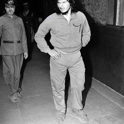 Image similar to Che Guevara in a tracksuit standing, paparazzi candid photo