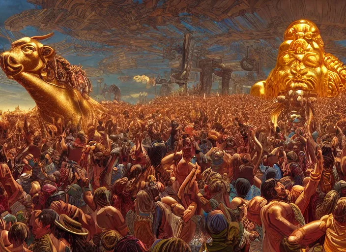 Image similar to a crowd of tribal men and women worshiping a giant golden calf, biblical, dramatic, insanely detailed, by dan mumford, yusuke murata, makoto shinkai, ross tran, intricate detail, cinematic, 8 k, featured on artstation, pixiv