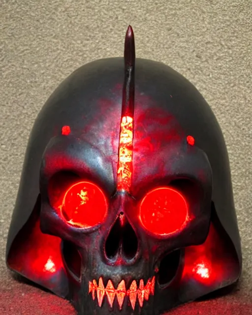 Image similar to medieval helmet in the shape of a demon skull with glowing red eyes,