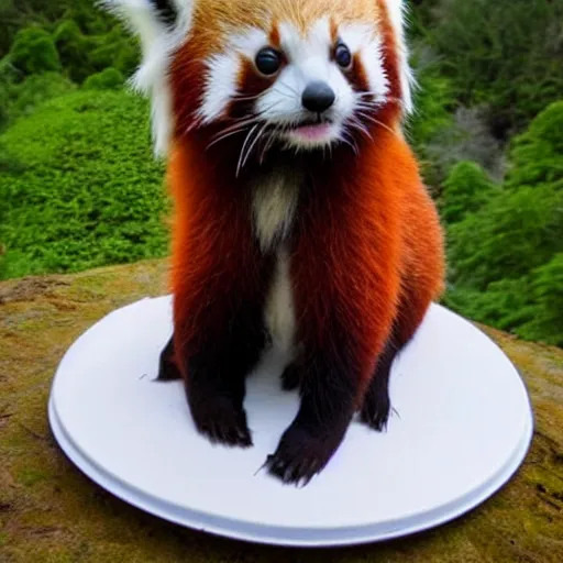 Prompt: a baby red panda wearing cake as a hat