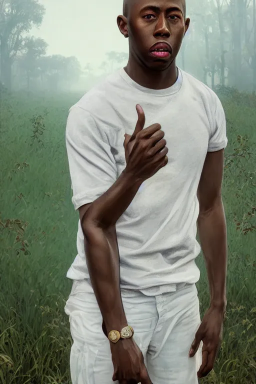 Prompt: ultra realistic tyler the creator, background is white and blank, elegant, highly detailed, digital painting, concept art, smooth, sharp focus, illustration, art by greg rutkowski and alphonse mucha