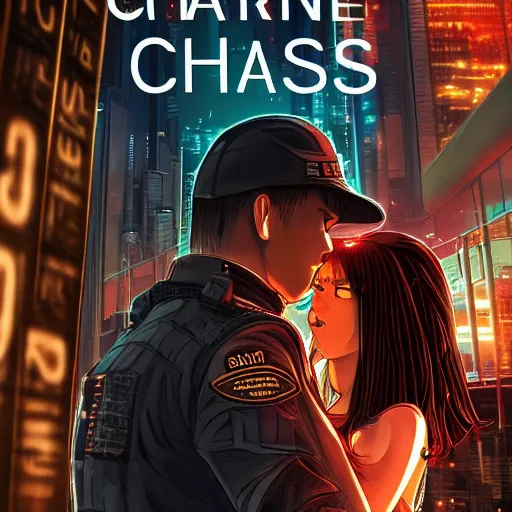 Image similar to book cover of a novel featuring sgt chase meeting the love of his life in jail, cyberpunk setting, 4 k resolution