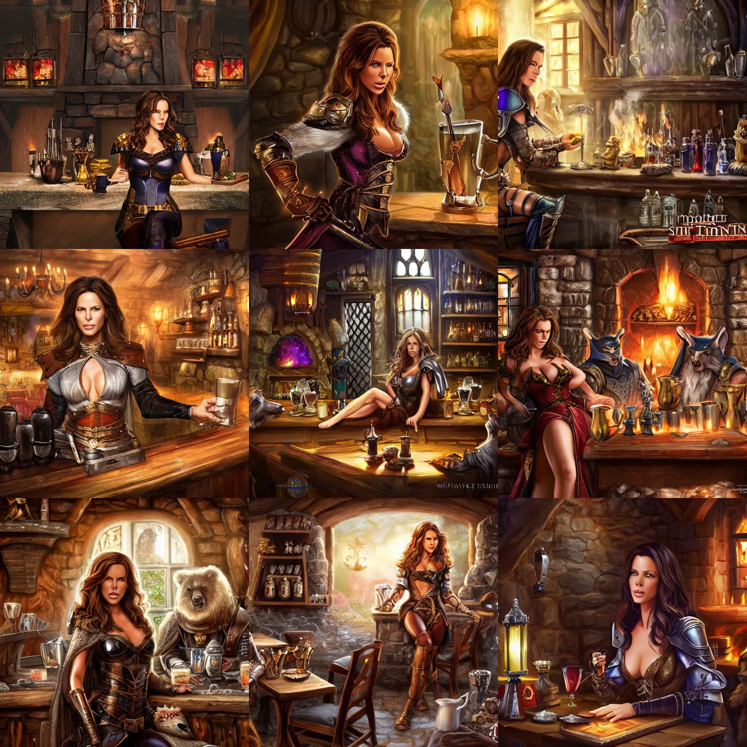 Prompt: kate beckinsale as paladin, sit in fantasy tavern near fireplace, behind bar deck with bear mugs, medieval dnd, colorfull digital fantasy art, 4k