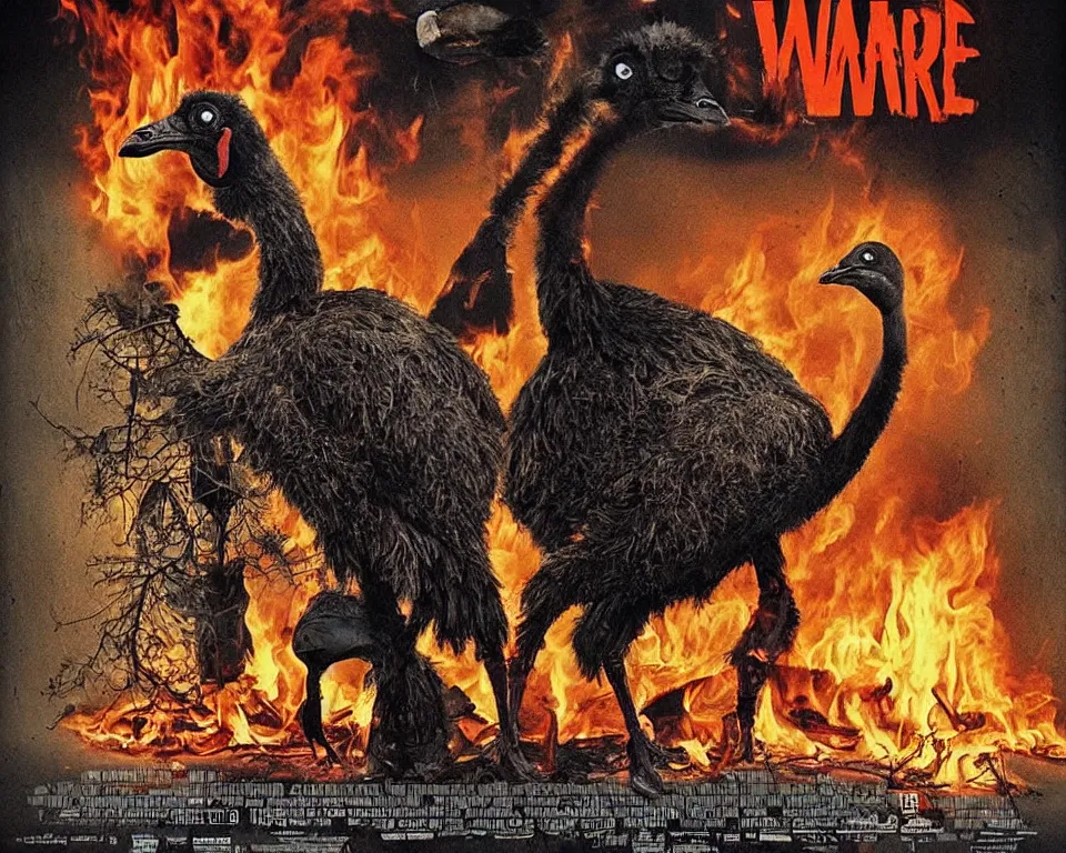 Image similar to a horror movie poster with an ostrich and a burning house with the words beware of the ostrich