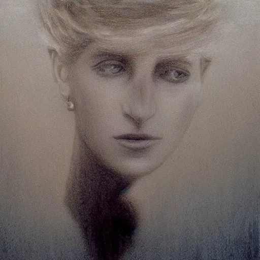 Prompt: Beautiful portrait of Princess Diana by Julie Taymor. Beksinski drawn. Scenography of the Year