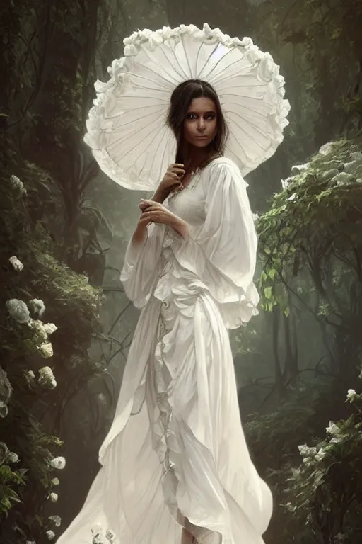Image similar to Nina Dobrev dressed in a vaporous wrapped large victorian white roses cotton dress fashion, D&D, fantasy, intricate, elegant, highly detailed, digital painting, artstation, concept art, matte, sharp focus, illustration, art by Artgerm and Greg Rutkowski and Alphonse Mucha