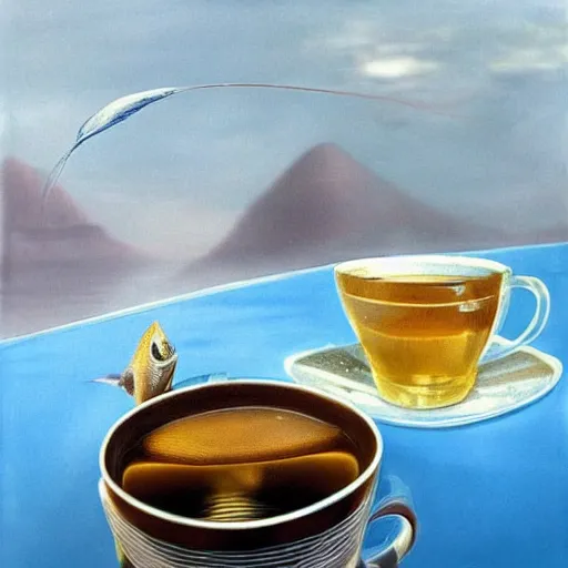 Prompt: a real fish is drinking from a cup of tea, photorealism, by salvador dali