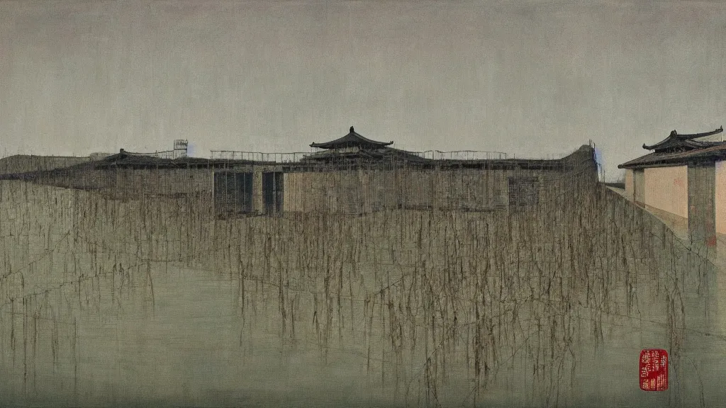 Prompt: a chinese prison near a river by peter doig, muted colors