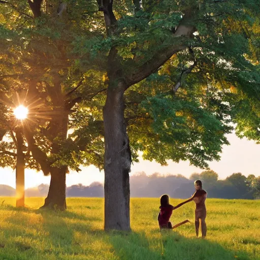 Prompt: Photograph. Conceptual art, the warm, golden light of the sun casts a beautiful glow on the scene, and the gentle breeze ruffles the leaves of the trees. The figures in the conceptual art are engaged in a simple activity, the way they are positioned and the expressions on their faces suggest a deep connection. Peace and contentment, idyllic setting. Shutterstock by Brian Despain, by Andrew Macara washed-out