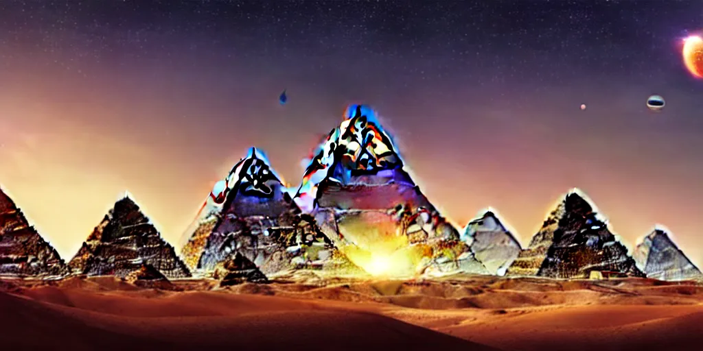 Prompt: a beautiful view of a spaceport at the pyramids, matte painting, cinematic lighting, hyper - detailed, 4 k, scifi