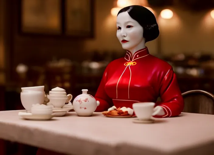 Image similar to movie still of a beautiful woman made out of porcelain sitting at a table in a cafe, wearing a red cheongsam, smooth white skin, creepy, directed by Guillermo Del Toro