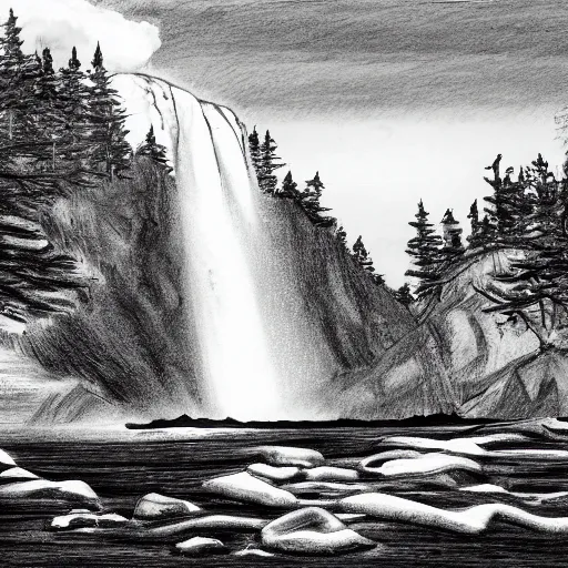 Image similar to A black and white pencil sketch of a huge waterfall flowing into a very large lake, surrounded by lots of trees and very rocky cliffs.