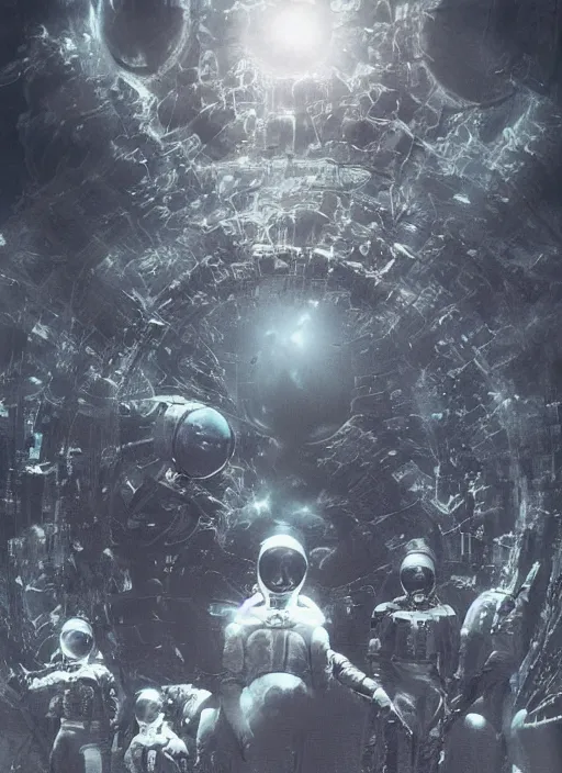 Image similar to astronauts in dark and empty void underwater - complex and hyperdetailed technical suit. reflection and dispersion materials. rays and dispersion of light. volumetric light. 5 0 mm, f / 3 2. noise film photo. flash photography. ultra realistic, wide angle. poster by wayne barlowe, hajime sorayama aaron horkey, craig mullins