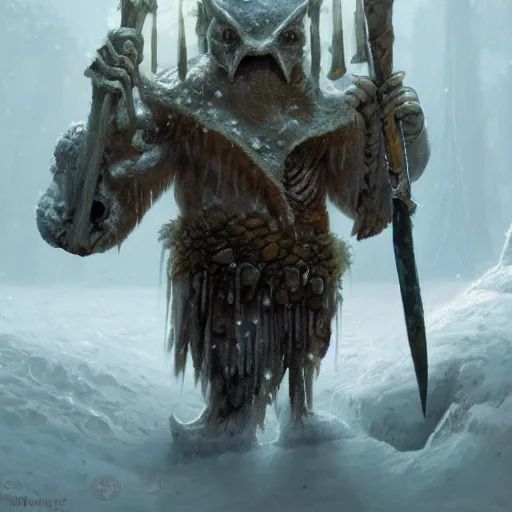 Prompt: anthropomorphic turtle humanoid with shell on his back, greg rutkowski, barbarian, tim hildebrandt, winter, icicles, snow cave, fur jacket, battlehammer, wayne barlowe, tall, menacing, pointy shell, spike shell, large shell, fantasy