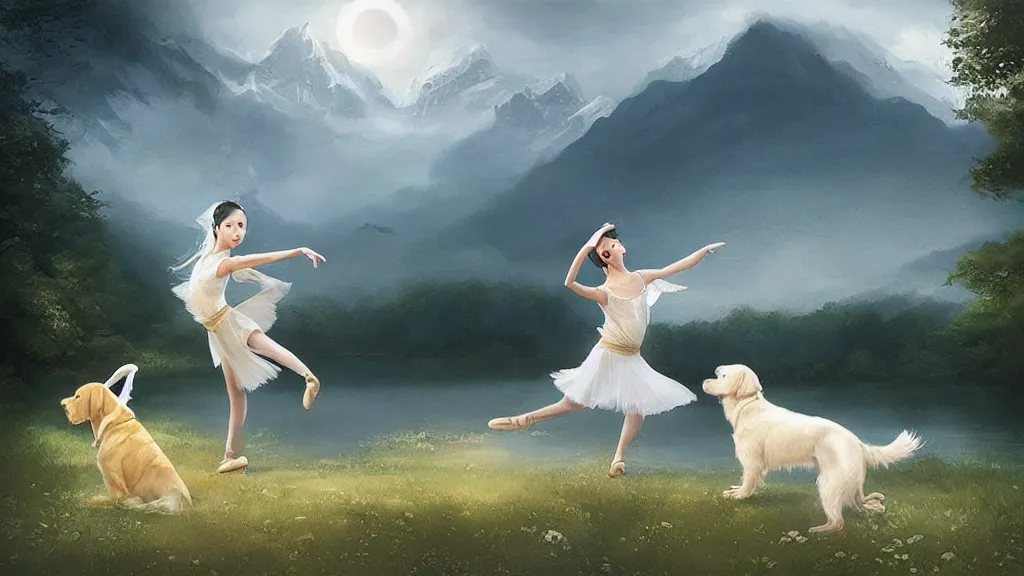 Image similar to “ a asian ballet girl dances with a white golden retriever, besides a small wooden red cottage by the lake, mountains in the background, soft lighting, sunny day, by charlie bowater, by greg rutkowski ”