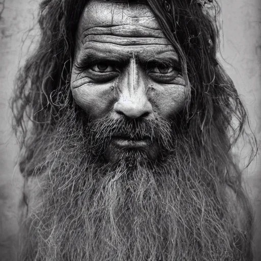 Image similar to realistic exposed expired fuji film portrait of aghori sadhu, hyperrealism, hypermaxiymalism, photorealistic, detailed, atmospheric, 8 k, award winning photography, cinematic