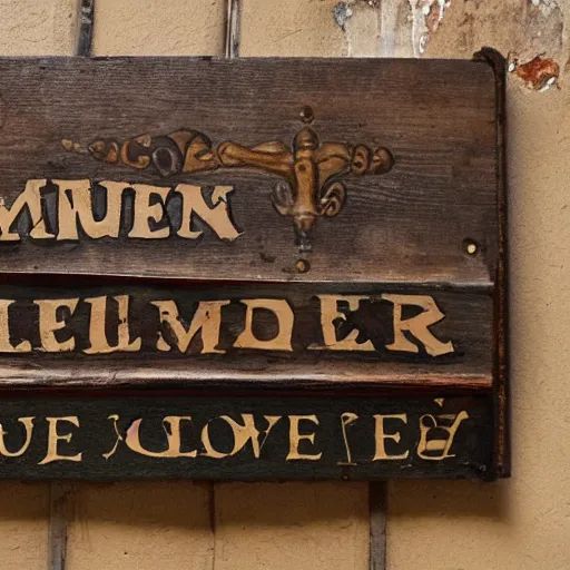 Image similar to An old English tavern sign with the words THE MULE, rustic, hyperdetailed, moody, wood