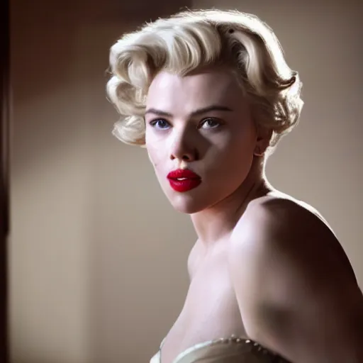 Image similar to stunning awe inspiring scarlett johansen as marilyn monroe, movie still 8 k hdr atmospheric lighting