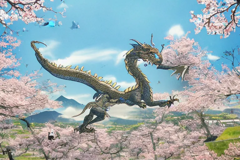 Image similar to a full body dragon flying in the sky of the japanese countryside town in a summer afternoon, quiet, leisure, cherry blossoms on the full sky
