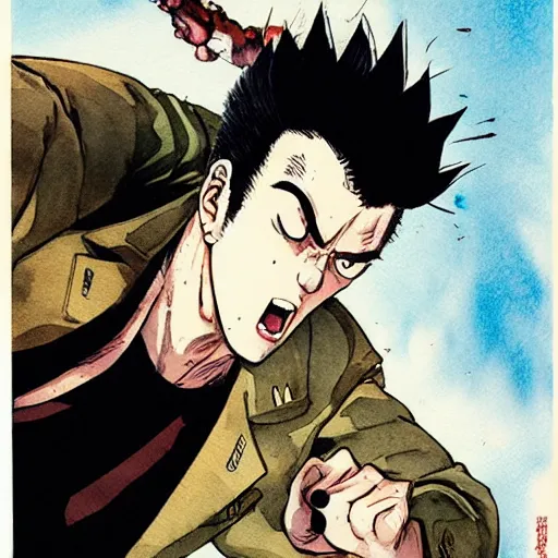 Image similar to young boy angry with pompadour hair, art by katsuhiro otomo, tetsuo hara, hirohiko araki, jotaro kujo, banchou, action pose, manga cover, watercolor