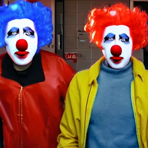 Prompt: cctv footage of robbers wearing latex clown masks, 4k, hd, photorealistic