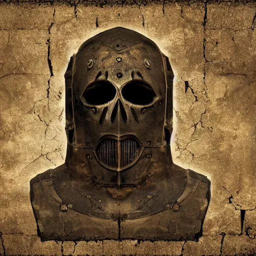 Image similar to extra wide view. an ominous dark ancient mask. barron. worn out photography. sepia. cracks. hyper - detailed. gothic steampunk. low poly medieval baroque. symmetric. epic. hyper - realistic. unreal render.