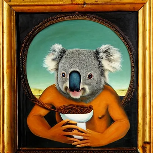 Prompt: a painting of a koala in underwear eating spaghetti in renaissance art style
