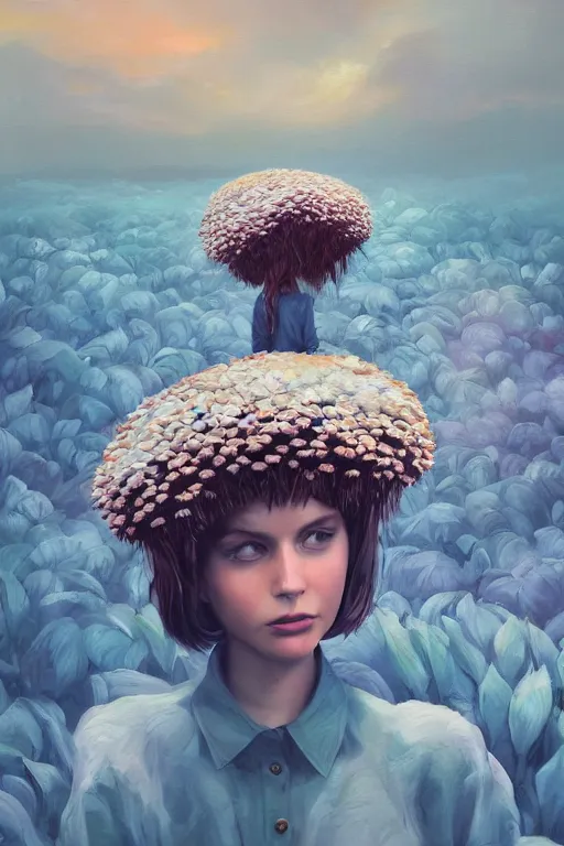 Prompt: closeup, giant daisy flowers on head, girl between monsteras, surreal photography, wind and cold, dramatic sky, impressionist painting, digital painting, artstation, simon stalenhag