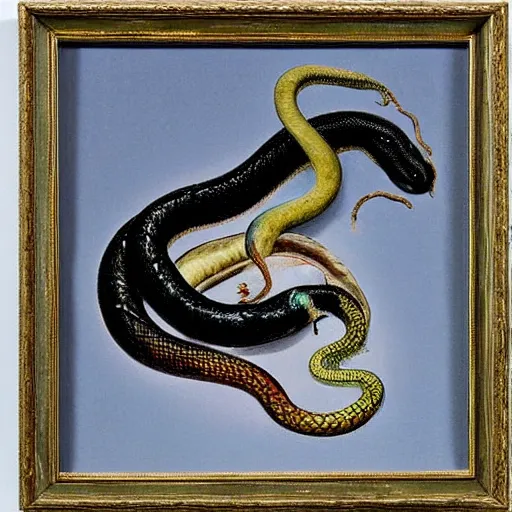 Prompt: A beautiful mixed media art of a snake eating its own tail that seems to go on forever. orpist by Albert Bierstadt, by Cornelia Parker lively