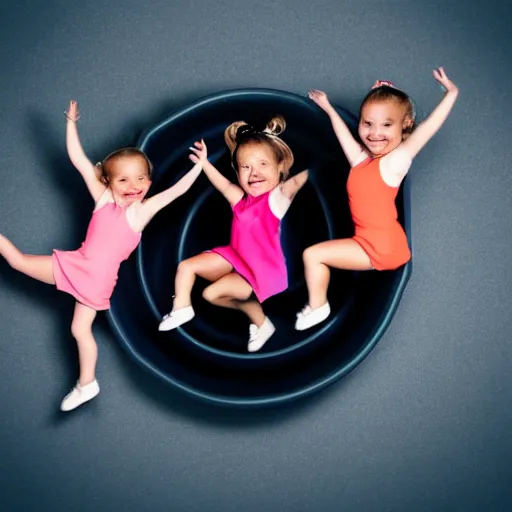 Image similar to group of tiny girls dancing around the rim of a toilet bowl. Perspective photograph