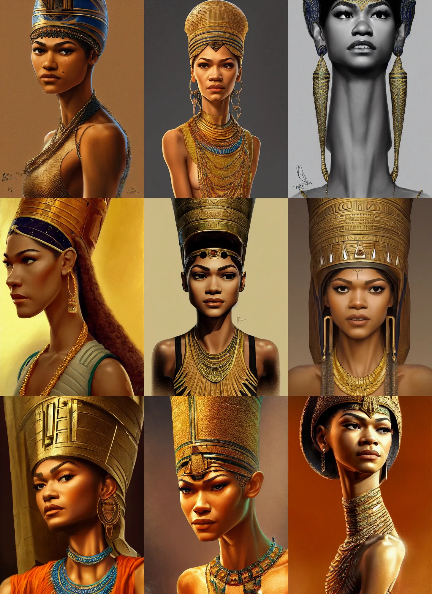 Prompt: zendaya as nefertiti, intricate, elegant, highly detailed, artstation, concept art, sharp focus, rutkowski, orientalism, frazetta