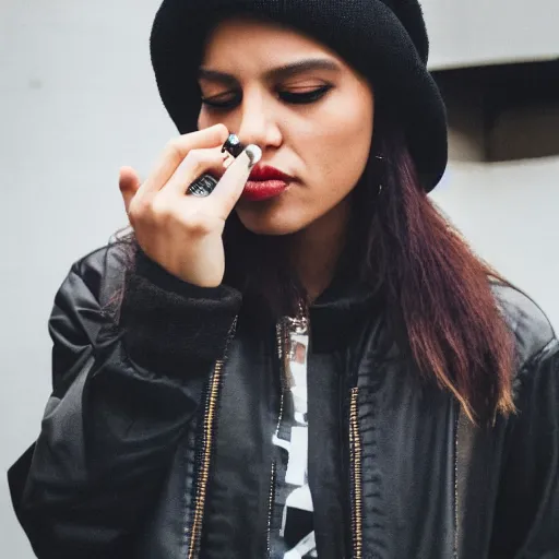 Image similar to Photograph of a mixed woman smoking a cigarette wearing a black beanie and black bomber jacket, urban environment, depth of field, 4k, 8k, hd, award-winning, 82 mm sigma, close up