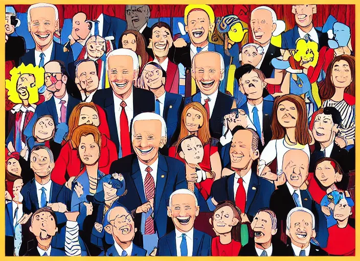 Prompt: joe biden, a jigsaw puzzle by charles schulz, behance contest winner, naive art, official art, colorized, digitally enhanced