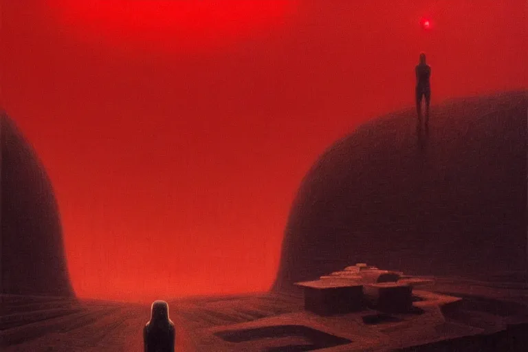 Prompt: only with red, a red god of death eat apple, a futuristic city on mars in background, an ancient path, pathos, in the style of beksinski, part by hopper, part by rodcenko, part by hofbauer, intricate composition, red by caravaggio, insanely quality, highly detailed, masterpiece, red light, artstation