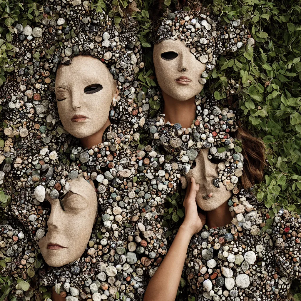 Prompt: a woman with a mask made of stones in a forest, vogue magazine