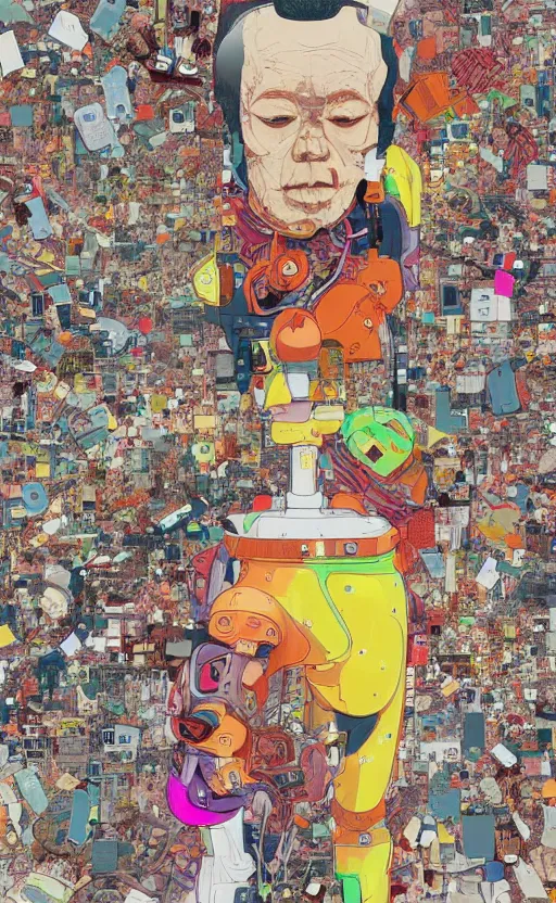 Image similar to a colorful illustration of the end of human species surpressed by artificial intelligence in style of katsuhiro otomo