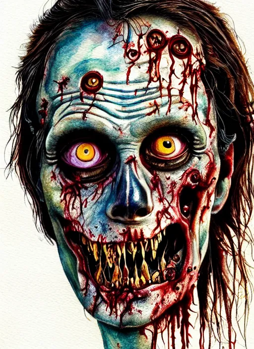 Image similar to zombie hollywood professional acting headshot, hyperrealism, intricate detailed, studio lighting, charming expression gesicht, watercolor art, drawn and painted, colored layers, dulled contrast, painterly