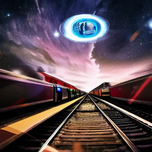 Prompt: inter dimensional sci - fi train far future, travelling across the stars, cosmos, galaxy, 8 k,
