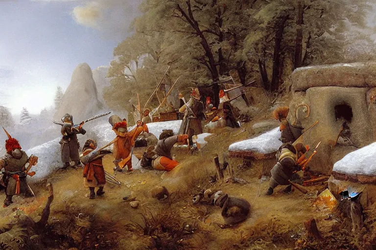 Image similar to hyperborean battle painting of gnomes sieging a encampment held by squirrels by Emanuel Leutze