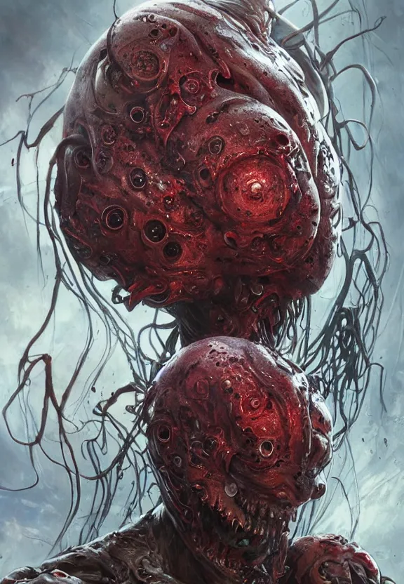 Image similar to portrait of a bloodied ornate filigreed slime dripping genderless insect alien monster, muscles, rippling, space warping and twisting, ultra realistic, concept art, intricate details, eerie, highly detailed, photorealistic, octane render, 8 k, unreal engine. art by artgerm and greg rutkowski and alphonse mucha