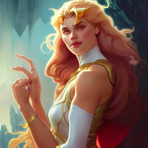 Image similar to Adora, She-ra, fantasy, intricate, elegant, highly detailed, digital painting, artstation, concept art, matte, sharp focus, illustration, art by Artgerm and Greg Rutkowski and Alphonse Mucha