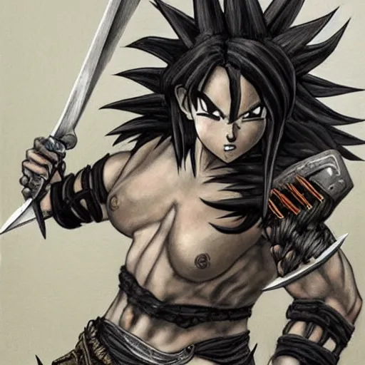 Image similar to realistic art style, warrior girl, muscular girl, wild spiky black saiyan hair, long spiky hair, electrified hair, holding scimitar made of bone, scimitar, sword, jagged sword, curved sword, orkish sword, colorized, gray skin, hyper - detailed, primeval fantasy, prehistoric fantasy, art by jacques - louis david