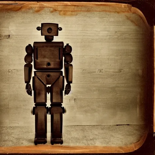 Image similar to humanoid robot in wood paneled room, underground room designed to look like log cabin, robot, tintype photograph