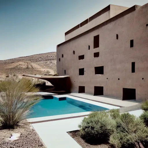 Prompt: brutalism building in the desert, biophilia mood, pool, garden, highly detailed, cinematic, photorealistic,