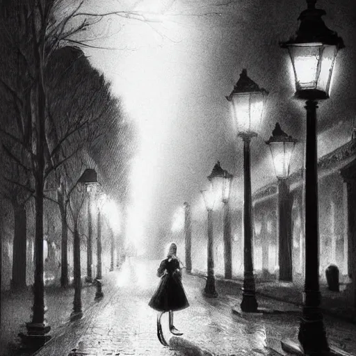 Image similar to a girl reading book, hair flowing down, city park, street lights, contrast, dramatic, by Edouard Bisson